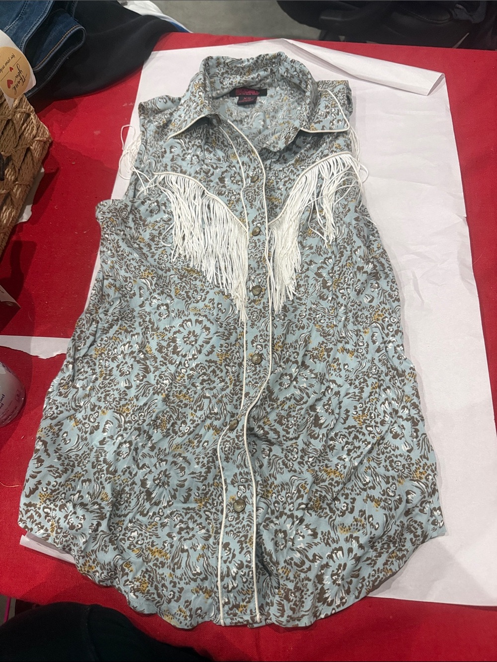 Sleeveless Fringe Western Tank Top in Light Blue Floral
